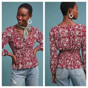 Anthropologie Feather Bone Latrobe Red Floral Lace-Up Smocked Blouse